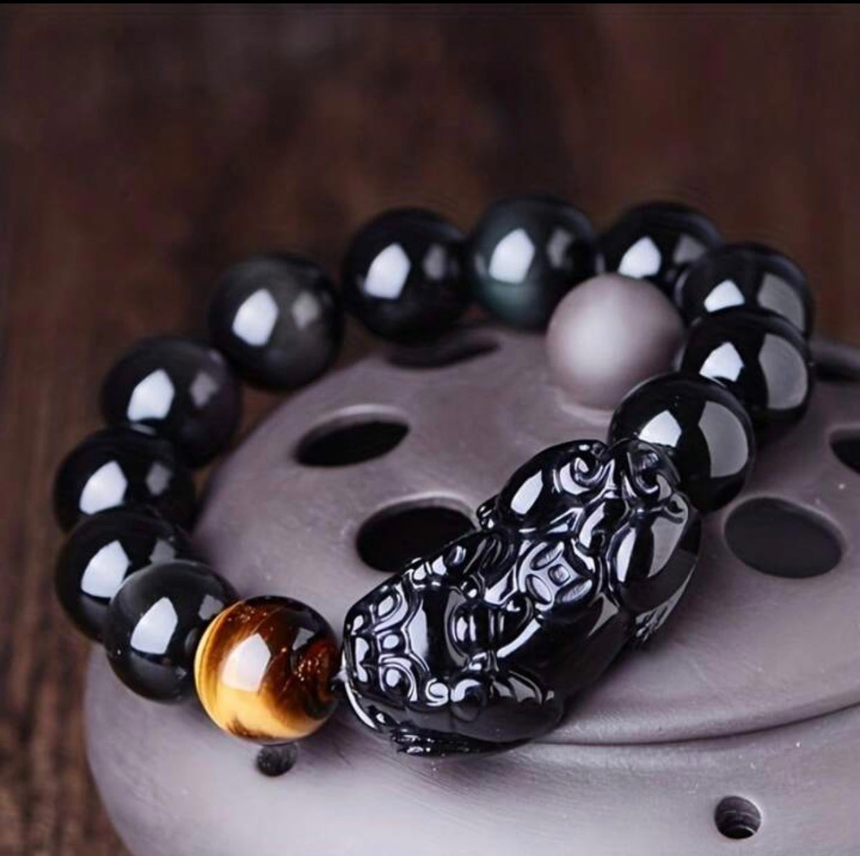 Black Obsidian Dragon’s Head Bracelet | Tiger Eye Stone & 14mm Beads | Psychic Protection, Fearless Manifestation, Shadow Work & Warrior Spirit
