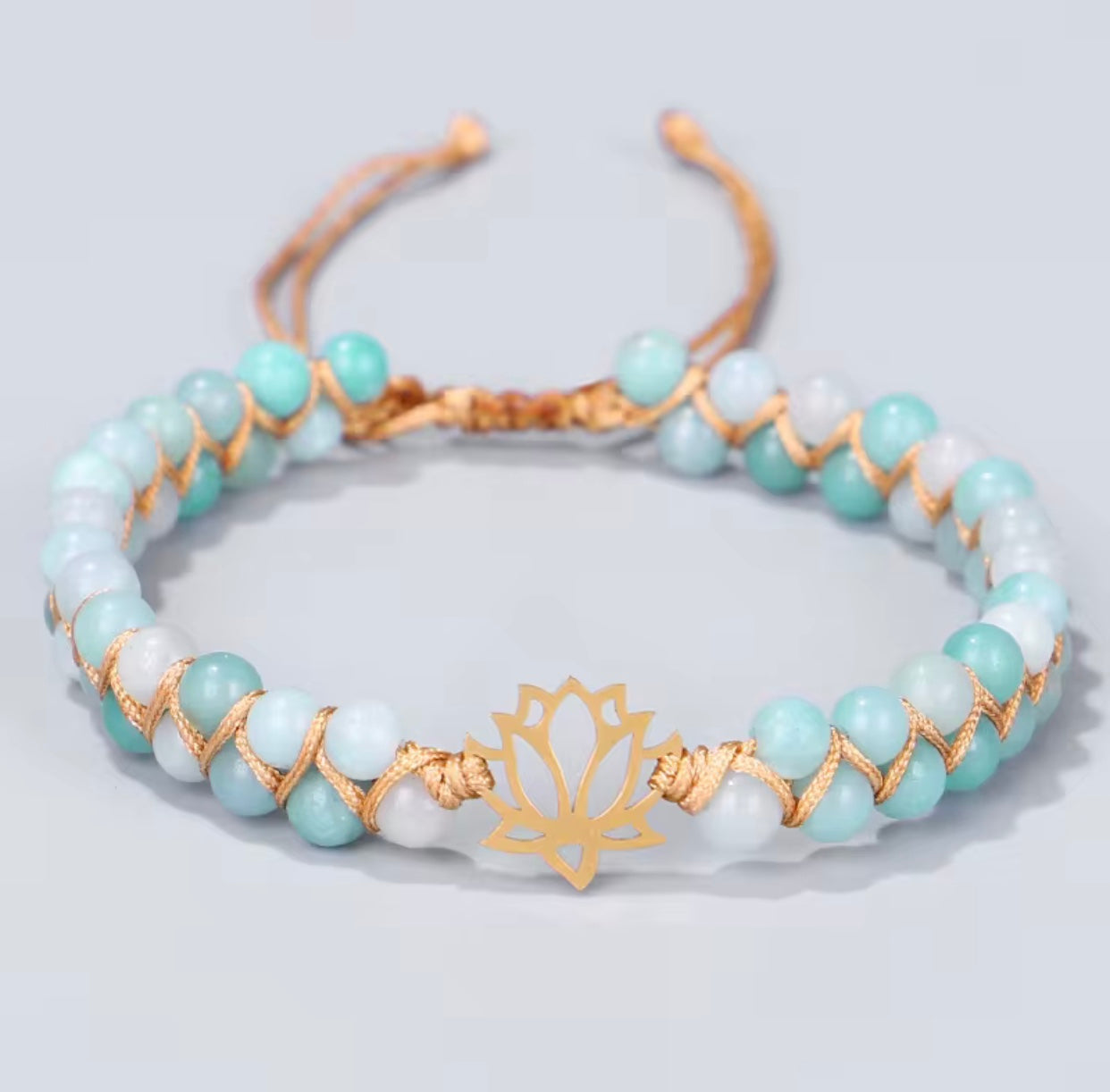 Aquamarine Lotus Bracelet – Gold | 4mm Double Row Hand Wrapped Aquamarine & White Jade Bracelet with Gold Lotus Charm | Clarity, Emotional Healing & Divine Feminine Grace