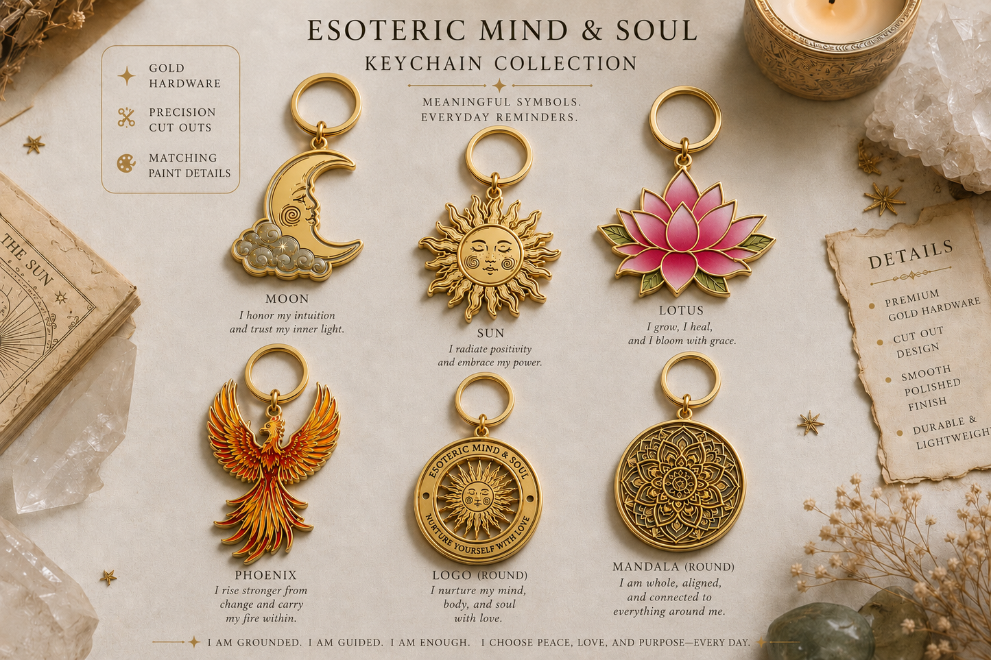Dimensions of the Soul| Art Keychains| Moon | Sun | Lotus | Phoenix | Esoteric | Mandala