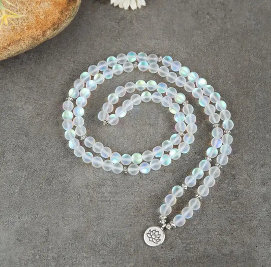 Mala Beads Aqua Aura Quart Healing Necklace Bracelet | Crystal Quartz Mala Prayer Bead Necklace |Meditation Spiritual Chakra