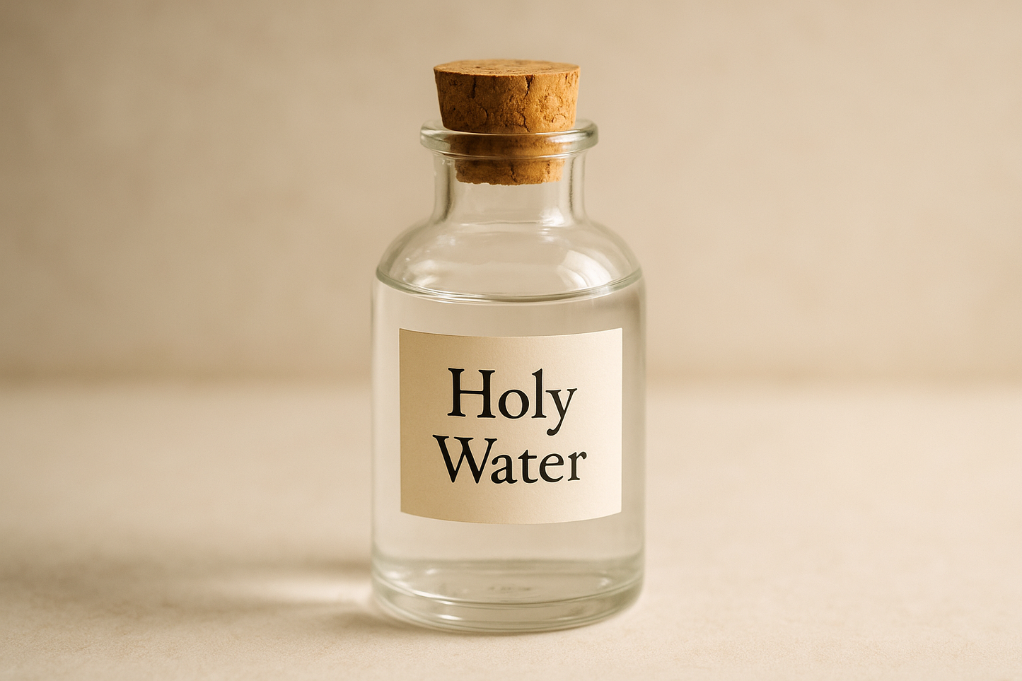holy water in small glass bottle with "holy water" label