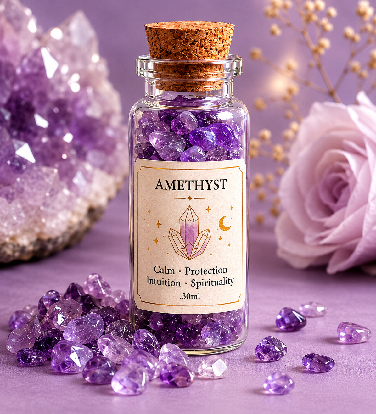 Esoteric Mind & Soul Crystal Bottle Collection | 6 Mini Glass Bottles with Healing Crystals | Clear Quartz Citrine Rose Quartz Amethyst Amazonite Black Obsidian | Intentional Living Gift Set