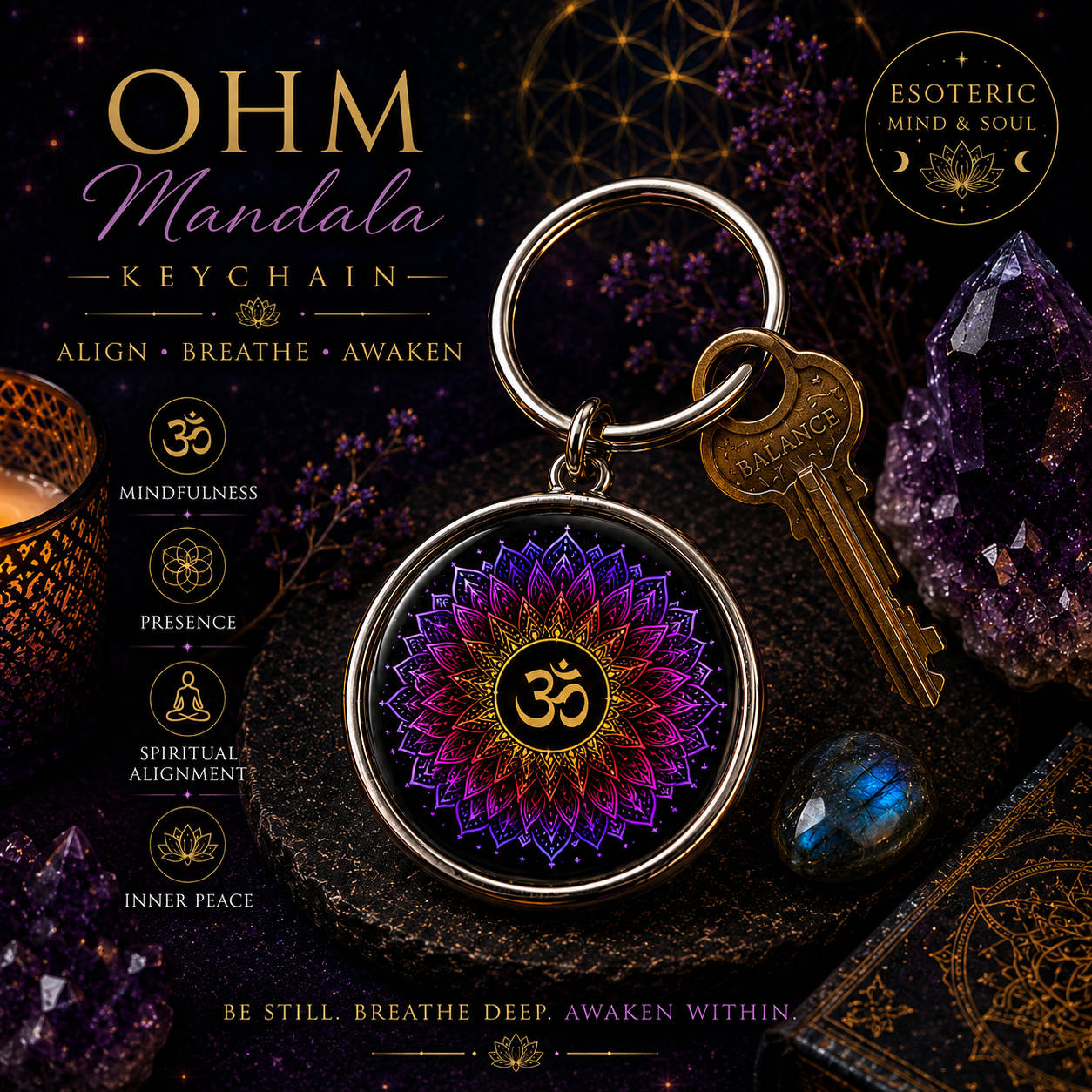 Mystical Keychains | Esoteric | Phoenix | Lotus | Ohm Mandala | Moon | Sun