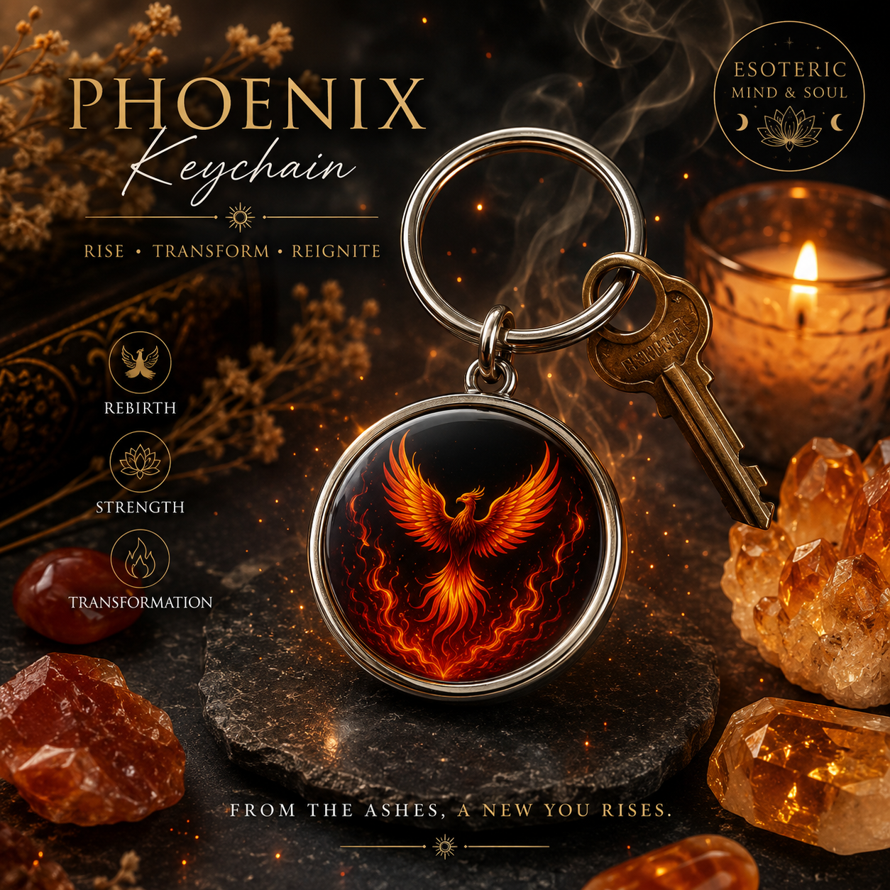 Mystical Keychains | Esoteric | Phoenix | Lotus | Ohm Mandala | Moon | Sun