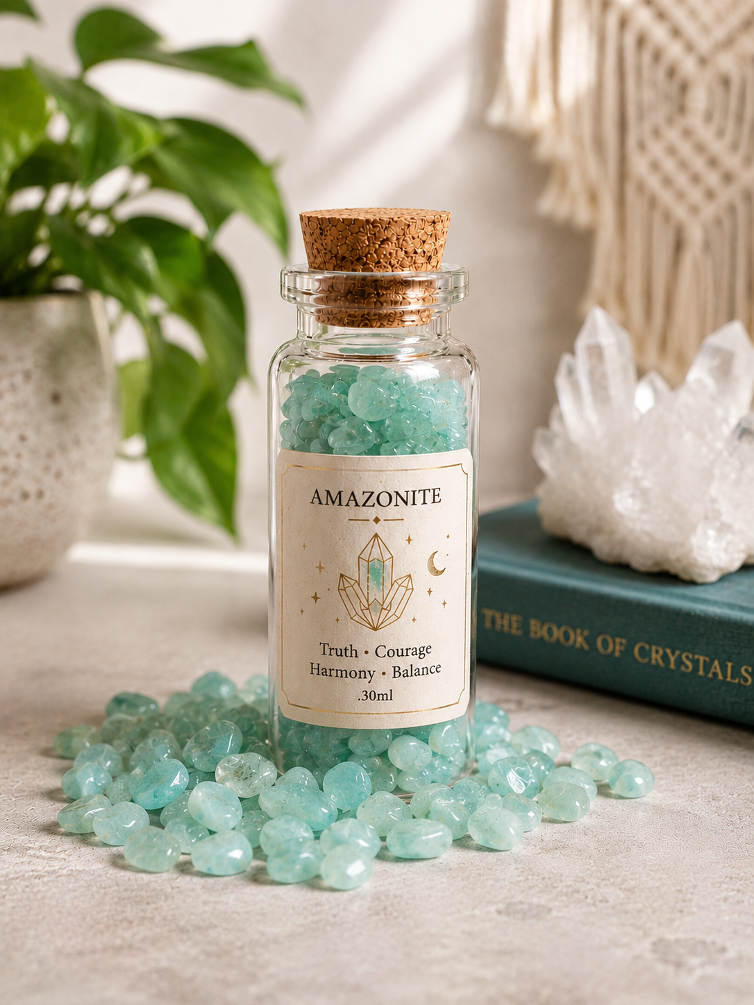 Esoteric Mind & Soul Crystal Bottle Collection | 6 Mini Glass Bottles with Healing Crystals | Clear Quartz Citrine Rose Quartz Amethyst Amazonite Black Obsidian | Intentional Living Gift Set