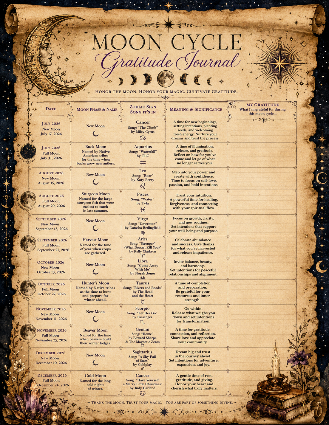 Moon Cycle Gratitude Journal | Zodiac Song | July 2026 - December 2026 | January 2027 - June 2027
