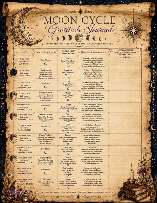 Moon Cycle Gratitude Journal | Zodiac Song | July 2026 - December 2026 | January 2027 - June 2027