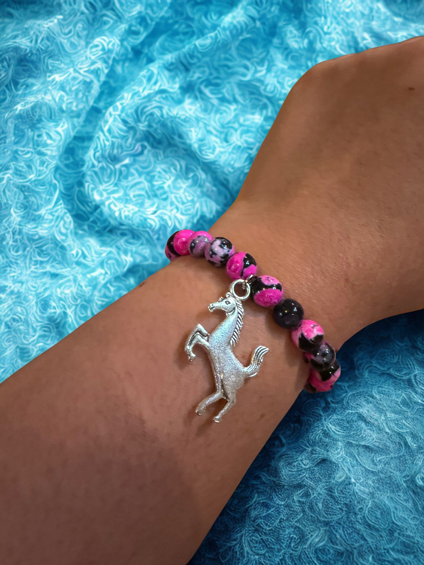 2026 Year of the Horse Bracelet | Hot Pink & Black 8mm Beaded Bracelet | Rearing Silver Horse Charm
