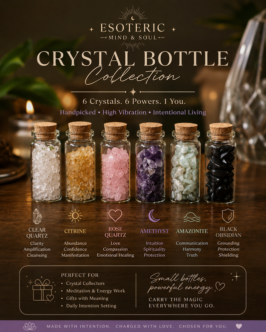 Esoteric Mind & Soul Crystal Bottle Collection | 6 Mini Glass Bottles with Healing Crystals | Clear Quartz Citrine Rose Quartz Amethyst Amazonite Black Obsidian | Intentional Living Gift Set