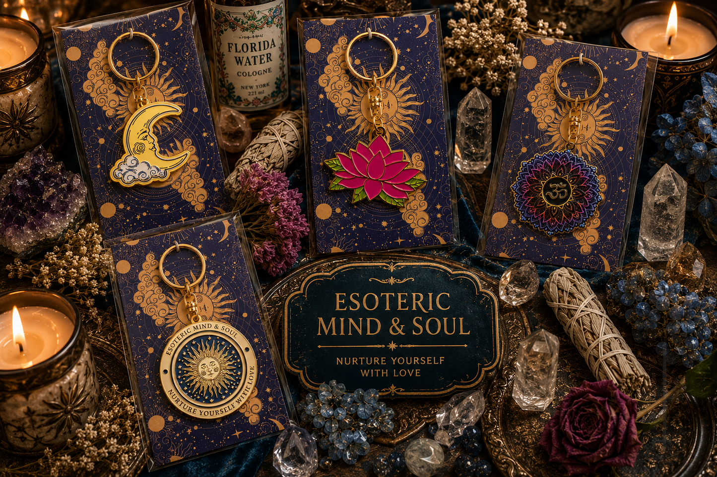 Mystical Keychains | Enamel | Moon| Sun | Lotus | Phoenix | Compass | Mandala