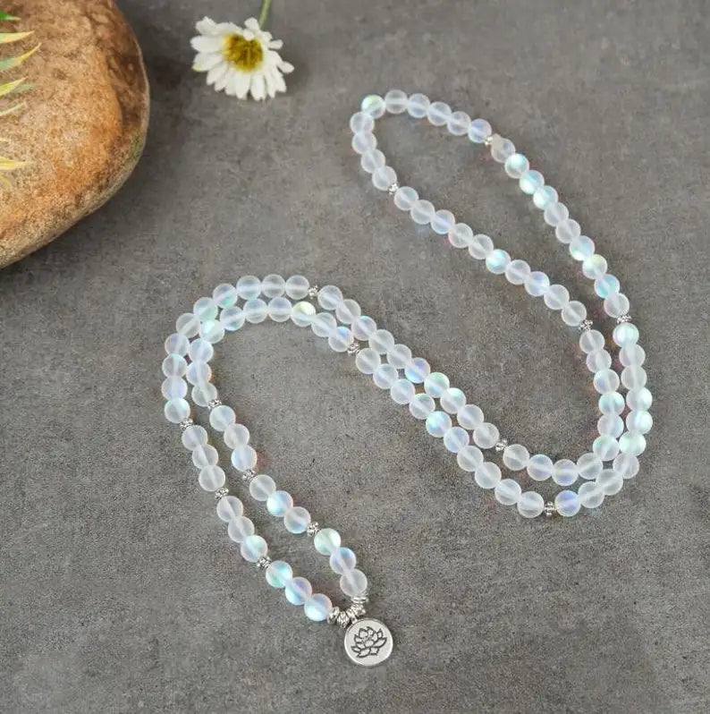 Mala Beads Aqua Aura Quart Healing Necklace Bracelet | Crystal Quartz Mala Prayer Bead Necklace |Meditation Spiritual Chakra